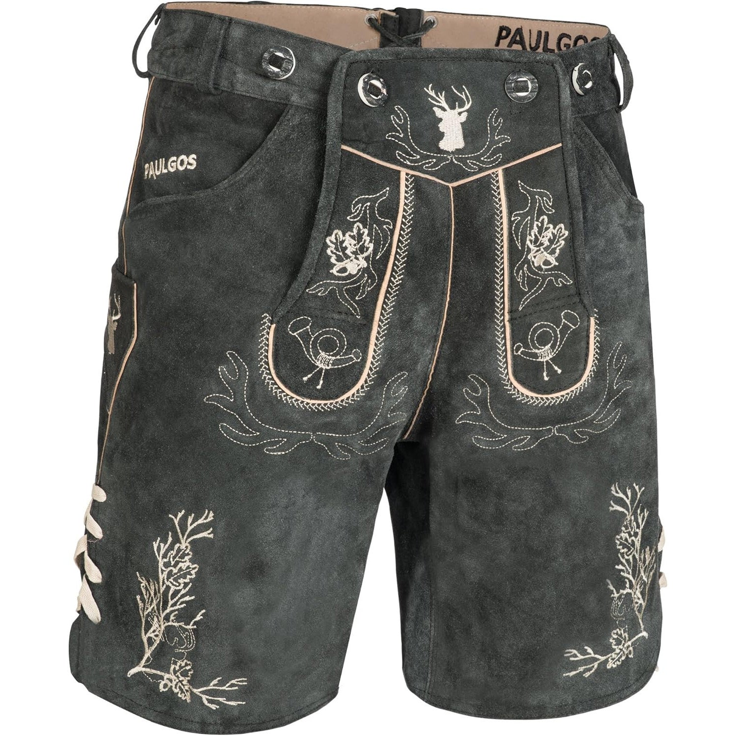 PAULGOS Men's Traditional Leather Trousers with 3D Deer Antler Embroidery